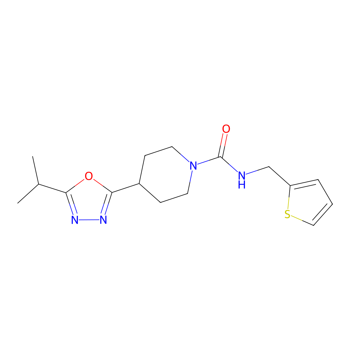 4-(5-isopropyl-1,3,4-oxadiazol-2-yl)-N-(thiophen-2-ylmethyl)piperidine-1-carboxamide molecular structure, CAS 1251612-36-8