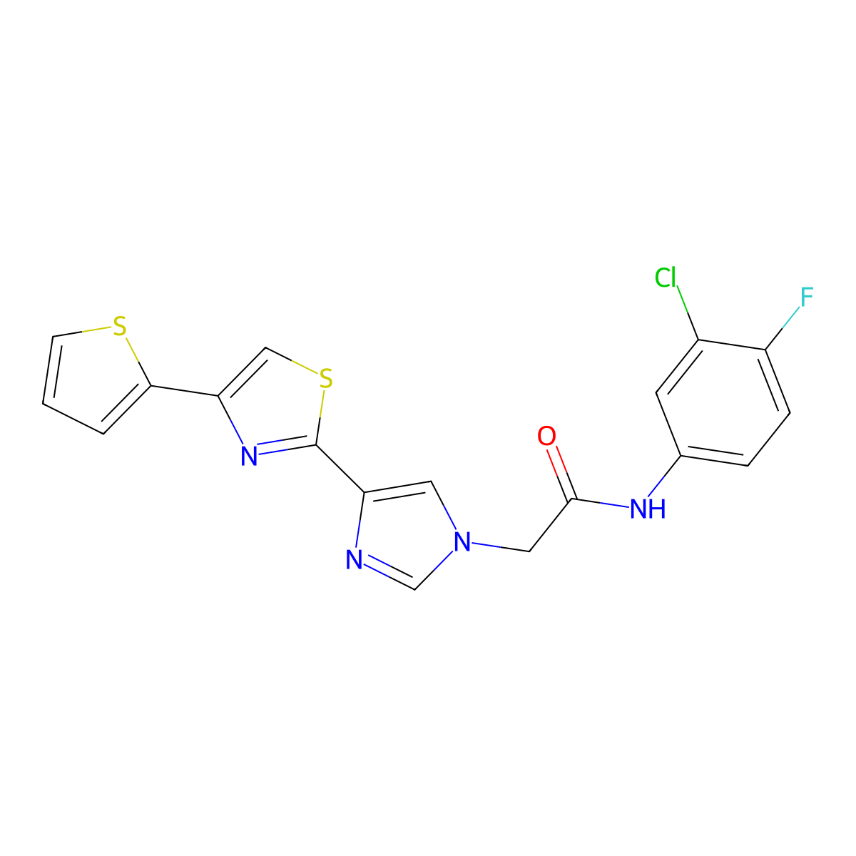 N-(3-chloro-4-fluorophenyl)-2-{4-[4-(thiophen-2-yl)-1,3-thiazol-2-yl]-1H-imidazol-1-yl}acetamide molecular structure, CAS 1251612-43-7