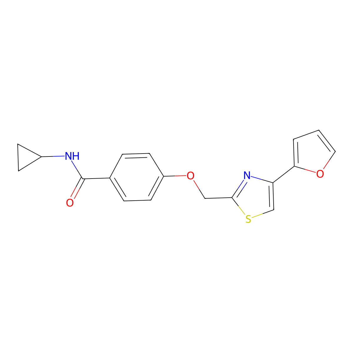 N-cyclopropyl-4-((4-(furan-2-yl)thiazol-2-yl)methoxy)benzamide molecular structure, CAS 1251612-44-8