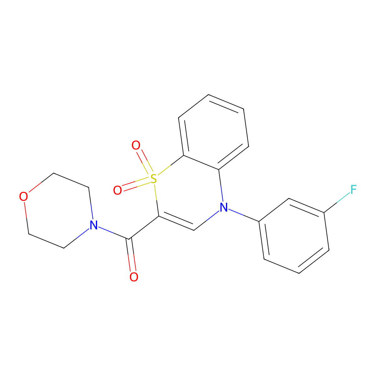 (4-(3-fluorophenyl)-1,1-dioxido-4H-benzo[b][1,4]thiazin-2-yl)(morpholino)methanone molecular structure, CAS 1251612-46-0