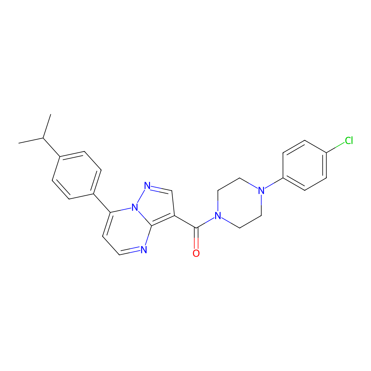 (4-(4-Chlorophenyl)piperazin-1-yl)(7-(4-isopropylphenyl)pyrazolo[1,5-a]pyrimidin-3-yl)methanone molecular structure, CAS 1251612-50-6
