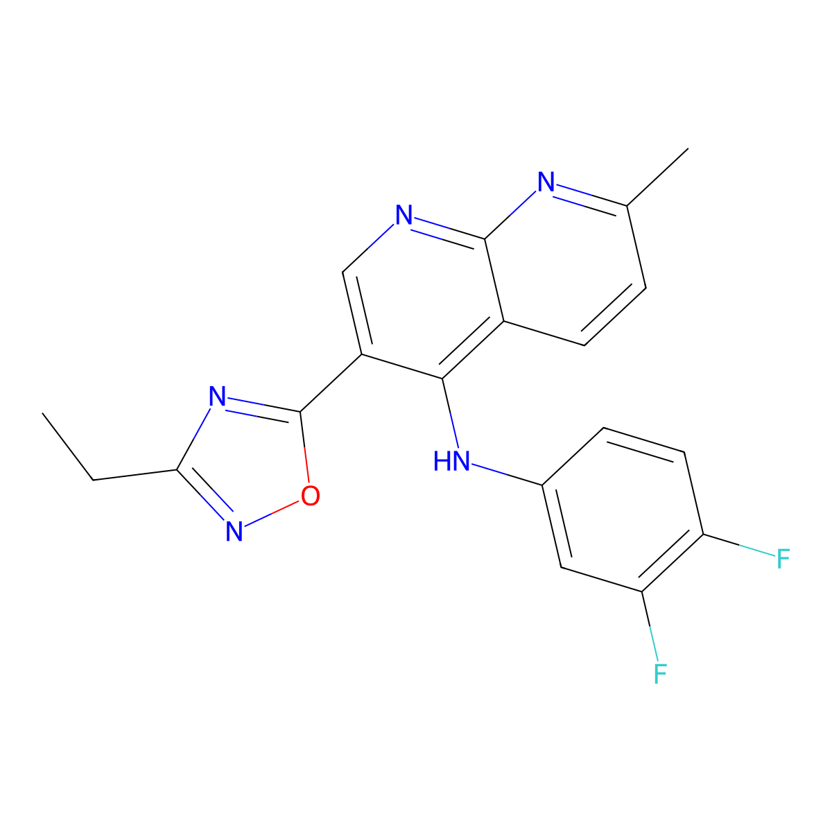 N-(3,4-difluorophenyl)-3-(3-ethyl-1,2,4-oxadiazol-5-yl)-7-methyl-1,8-naphthyridin-4-amine molecular structure, CAS 1251612-51-7
