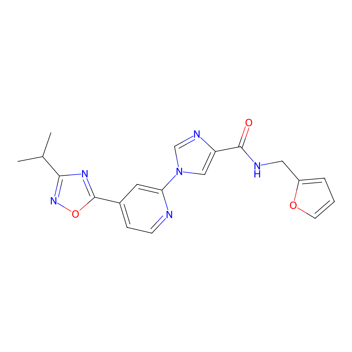 N~4~-(2-furylmethyl)-1-[4-(3-isopropyl-1,2,4-oxadiazol-5-yl)-2-pyridyl]-1H-imidazole-4-carboxamide molecular structure, CAS 1251612-57-3