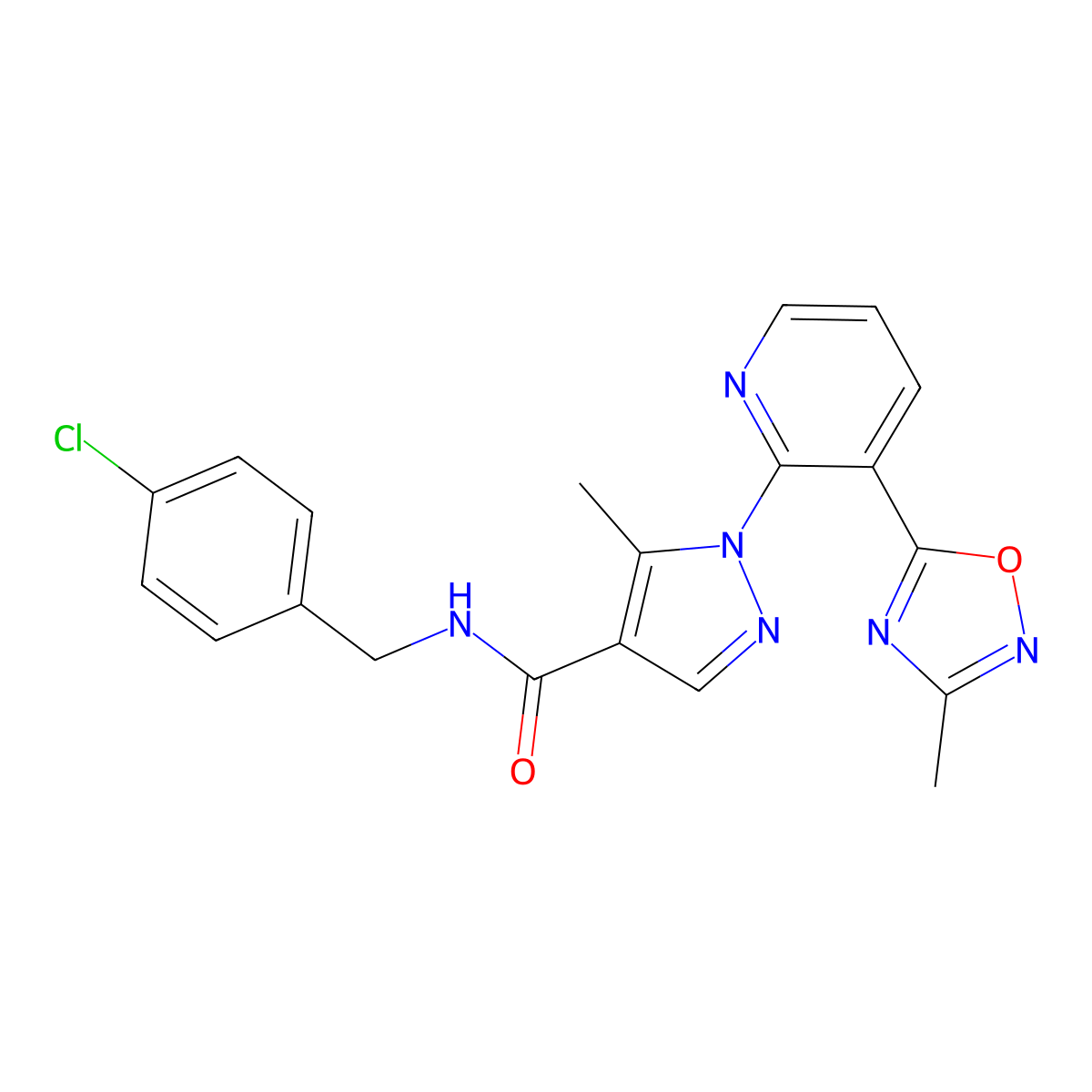 N-[(4-chlorophenyl)methyl]-5-methyl-1-[3-(3-methyl-1,2,4-oxadiazol-5-yl)pyridin-2-yl]-1H-pyrazole-4-carboxamide molecular structure, CAS 1251612-69-7