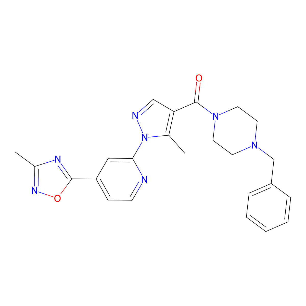 1-benzyl-4-{5-methyl-1-[4-(3-methyl-1,2,4-oxadiazol-5-yl)pyridin-2-yl]-1H-pyrazole-4-carbonyl}piperazine molecular structure, CAS 1251612-80-2