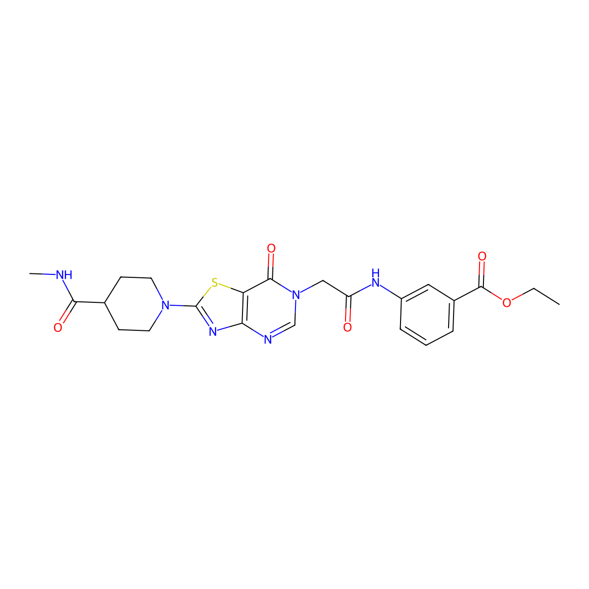 ethyl 3-(2-(2-(4-(methylcarbamoyl)piperidin-1-yl)-7-oxothiazolo[4,5-d]pyrimidin-6(7H)-yl)acetamido)benzoate molecular structure, CAS 1251613-12-3