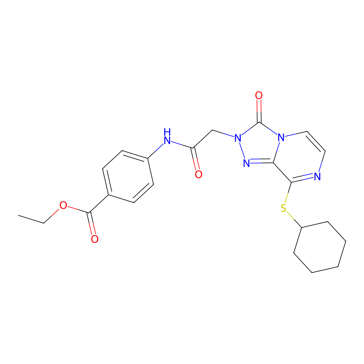 ethyl 4-(2-(8-(cyclohexylthio)-3-oxo-[1,2,4]triazolo[4,3-a]pyrazin-2(3H)-yl)acetamido)benzoate molecular structure, CAS 1251613-16-7