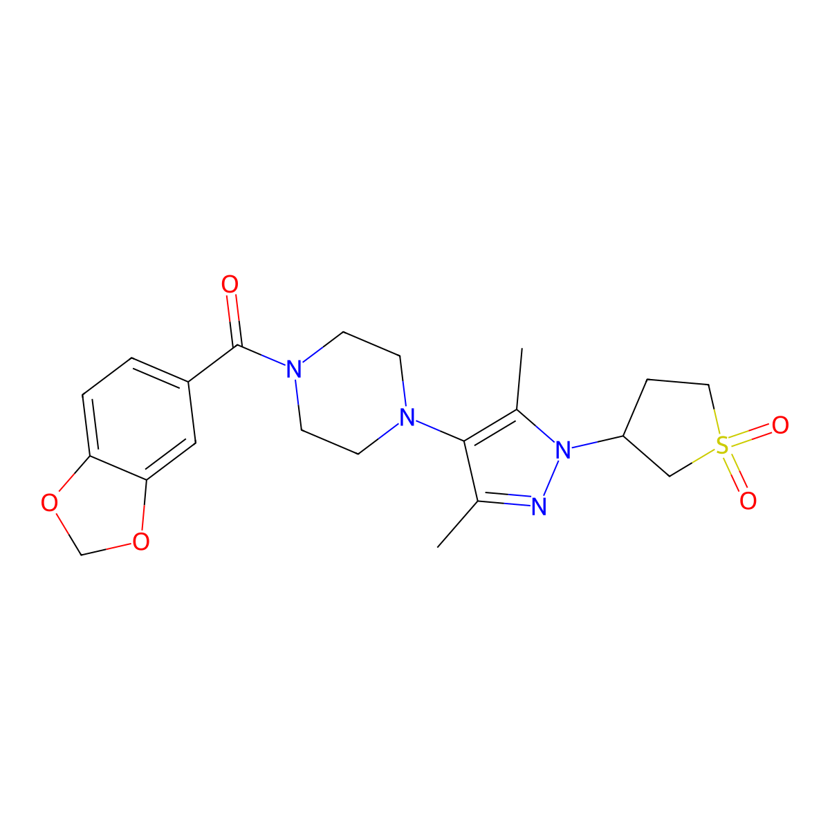 benzo[d][1,3]dioxol-5-yl(4-(1-(1,1-dioxidotetrahydrothiophen-3-yl)-3,5-dimethyl-1H-pyrazol-4-yl)piperazin-1-yl)methanone molecular structure, CAS 1251613-21-4