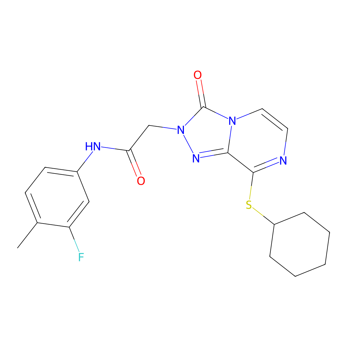 2-(8-(cyclohexylthio)-3-oxo-[1,2,4]triazolo[4,3-a]pyrazin-2(3H)-yl)-N-(3-fluoro-4-methylphenyl)acetamide molecular structure, CAS 1251613-23-6