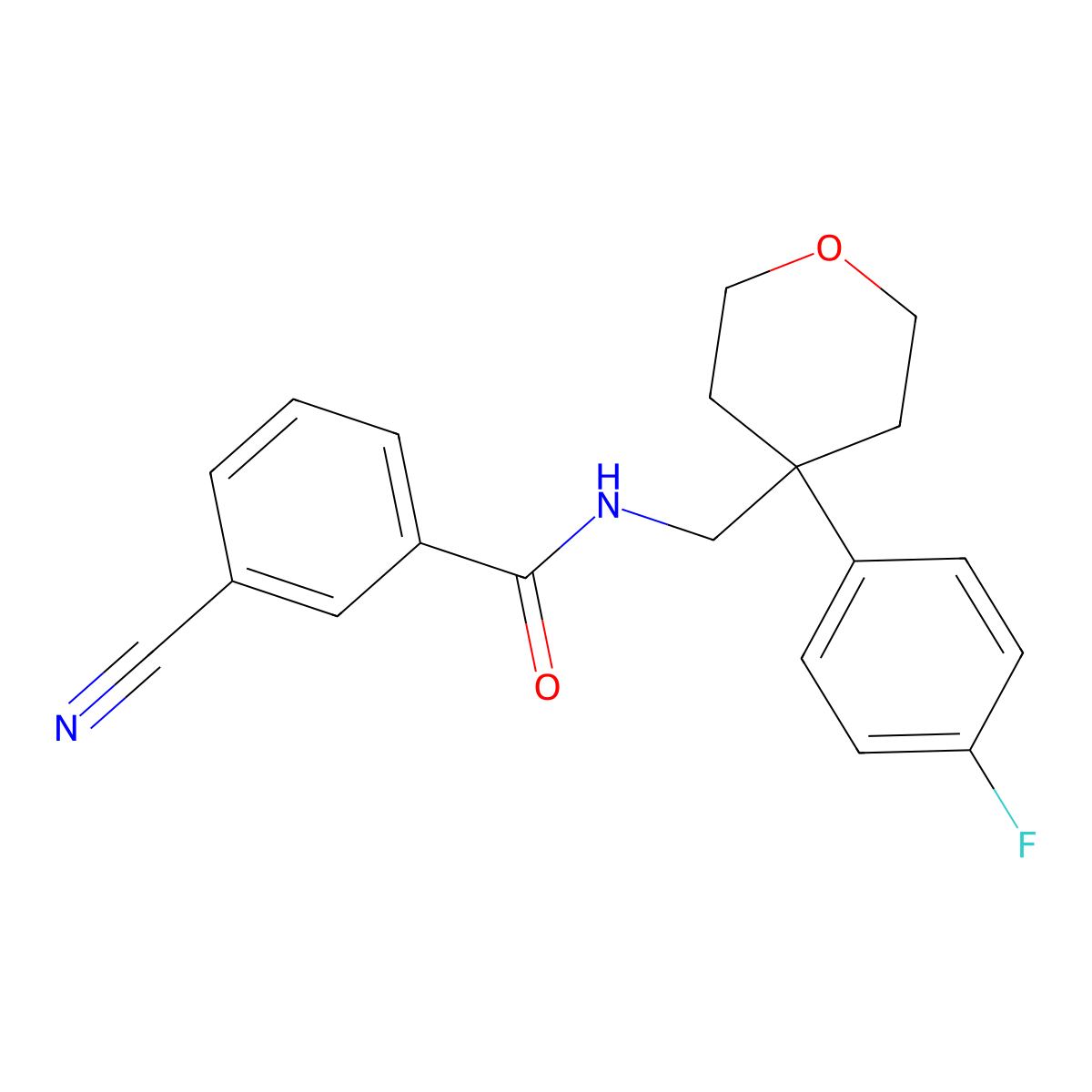 3-cyano-N-((4-(4-fluorophenyl)tetrahydro-2H-pyran-4-yl)methyl)benzamide molecular structure, CAS 1251613-62-3