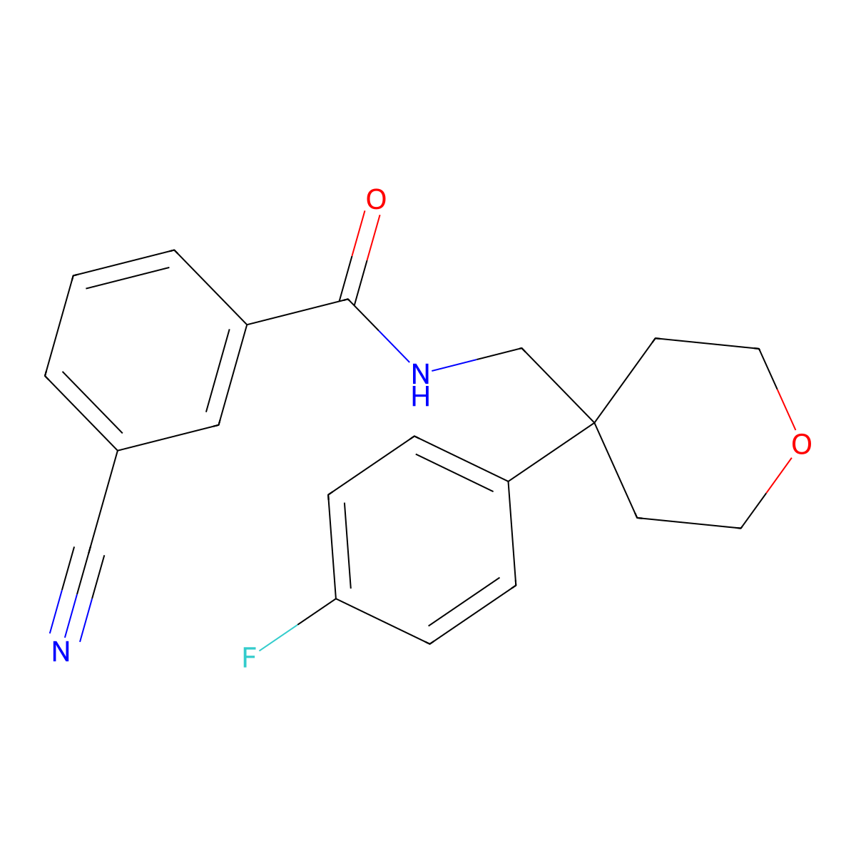 3-cyano-N-((4-(4-fluorophenyl)tetrahydro-2H-pyran-4-yl)methyl)benzamide molecular structure, CAS 1251613-62-3