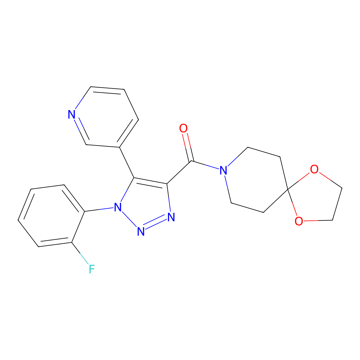 (1-(2-fluorophenyl)-5-(pyridin-3-yl)-1H-1,2,3-triazol-4-yl)(1,4-dioxa-8-azaspiro[4.5]decan-8-yl)methanone molecular structure, CAS 1251614-00-2