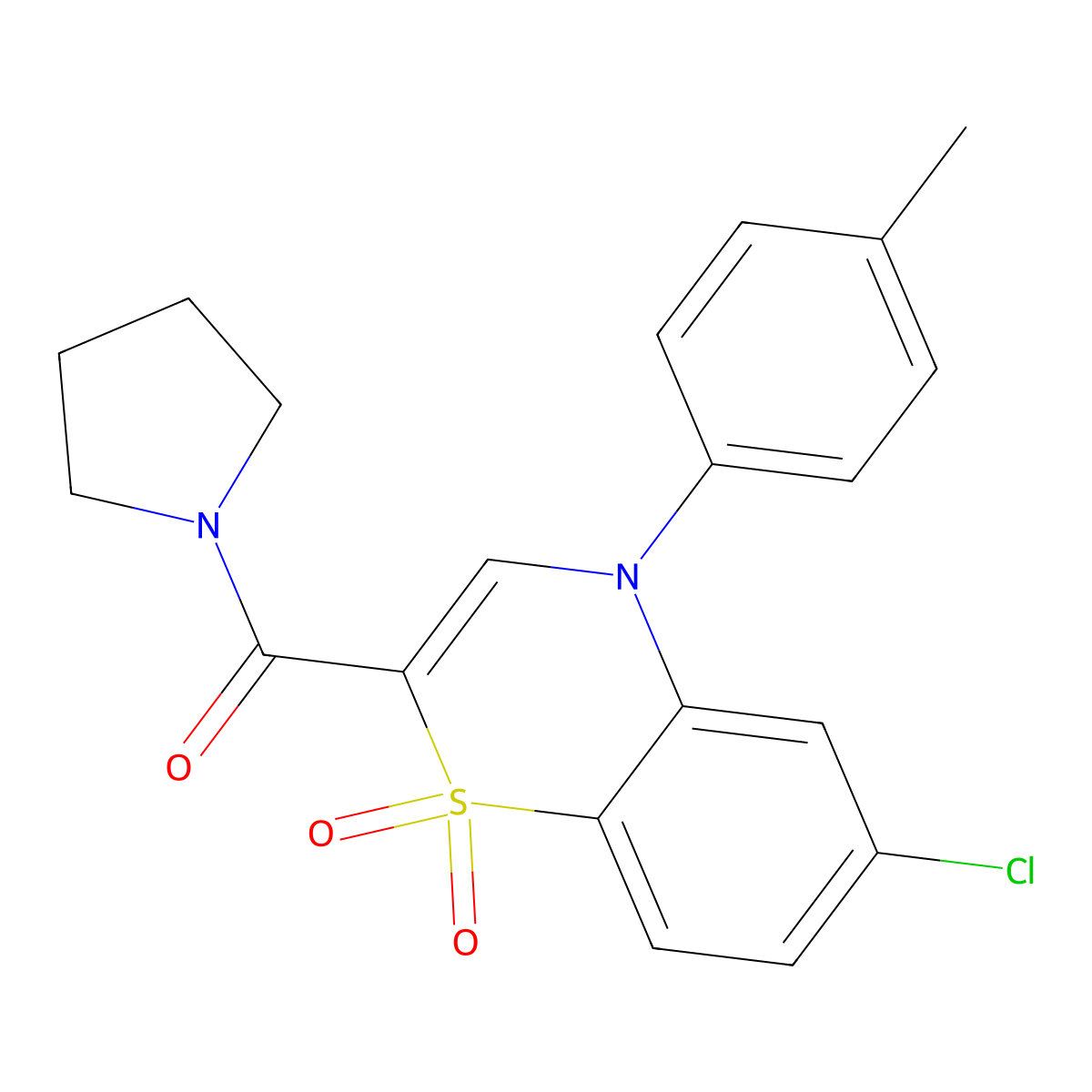 (6-chloro-1,1-dioxido-4-(p-tolyl)-4H-benzo[b][1,4]thiazin-2-yl)(pyrrolidin-1-yl)methanone molecular structure, CAS 1251614-17-1