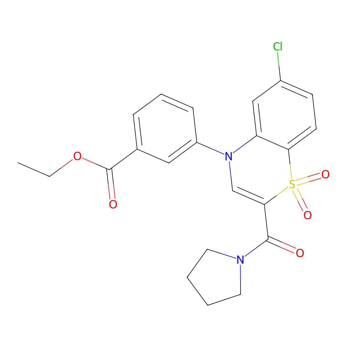 ethyl 3-(6-chloro-1,1-dioxido-2-(pyrrolidine-1-carbonyl)-4H-benzo[b][1,4]thiazin-4-yl)benzoate molecular structure, CAS 1251614-20-6