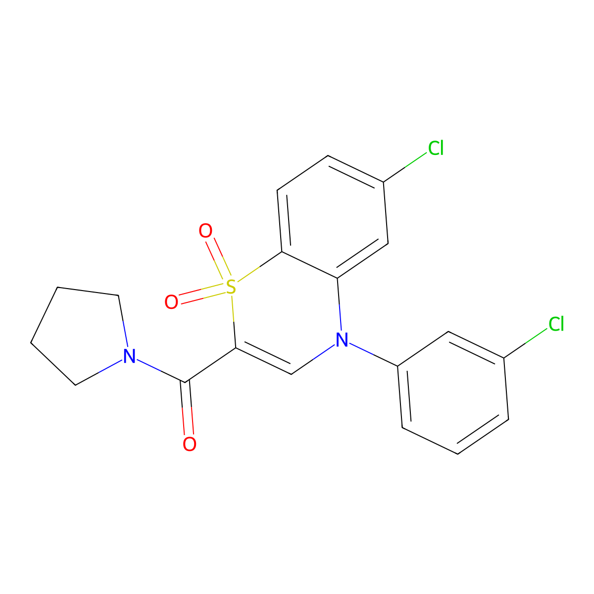 (6-chloro-4-(3-chlorophenyl)-1,1-dioxido-4H-benzo[b][1,4]thiazin-2-yl)(pyrrolidin-1-yl)methanone molecular structure, CAS 1251614-21-7