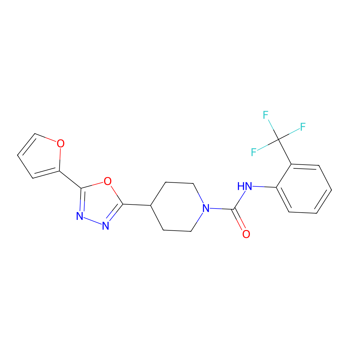 4-[5-(furan-2-yl)-1,3,4-oxadiazol-2-yl]-N-[2-(trifluoromethyl)phenyl]piperidine-1-carboxamide molecular structure, CAS 1251614-29-5
