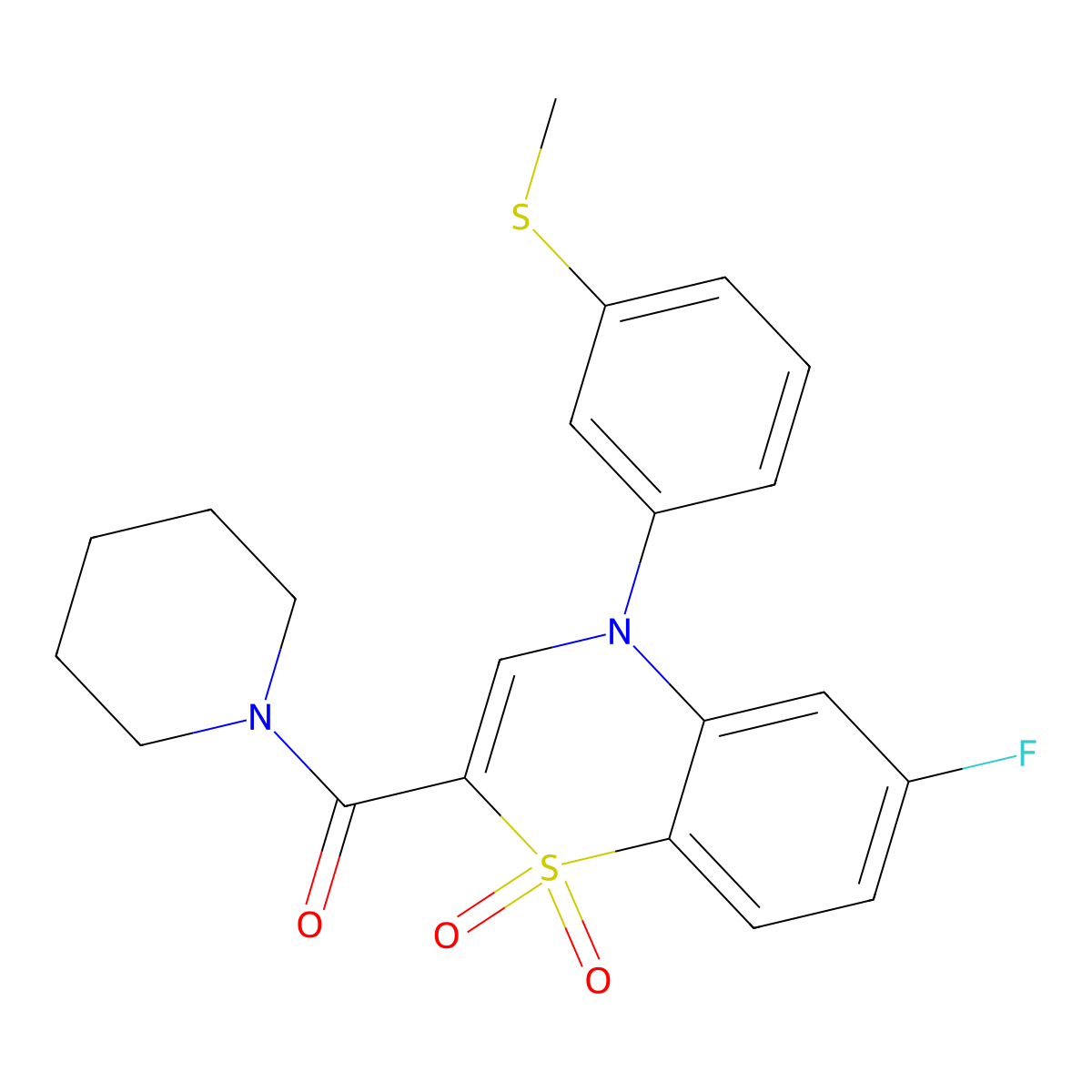 (6-fluoro-4-(3-(methylthio)phenyl)-1,1-dioxido-4H-benzo[b][1,4]thiazin-2-yl)(piperidin-1-yl)methanone molecular structure, CAS 1251614-34-2