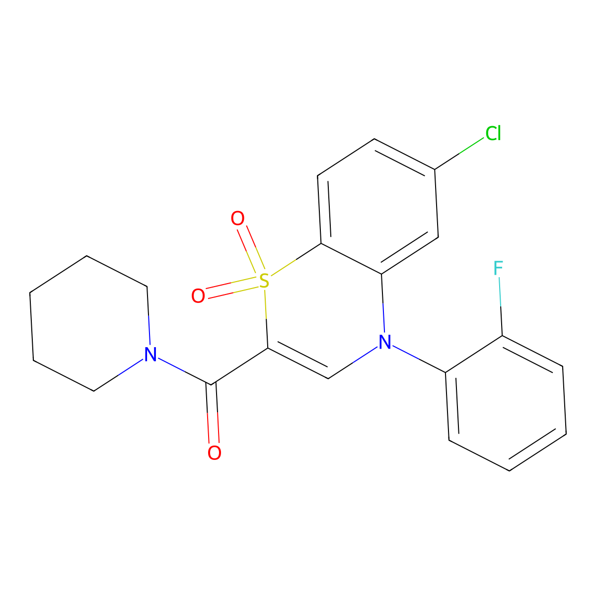 (6-chloro-4-(2-fluorophenyl)-1,1-dioxido-4H-benzo[b][1,4]thiazin-2-yl)(piperidin-1-yl)methanone molecular structure, CAS 1251614-36-4