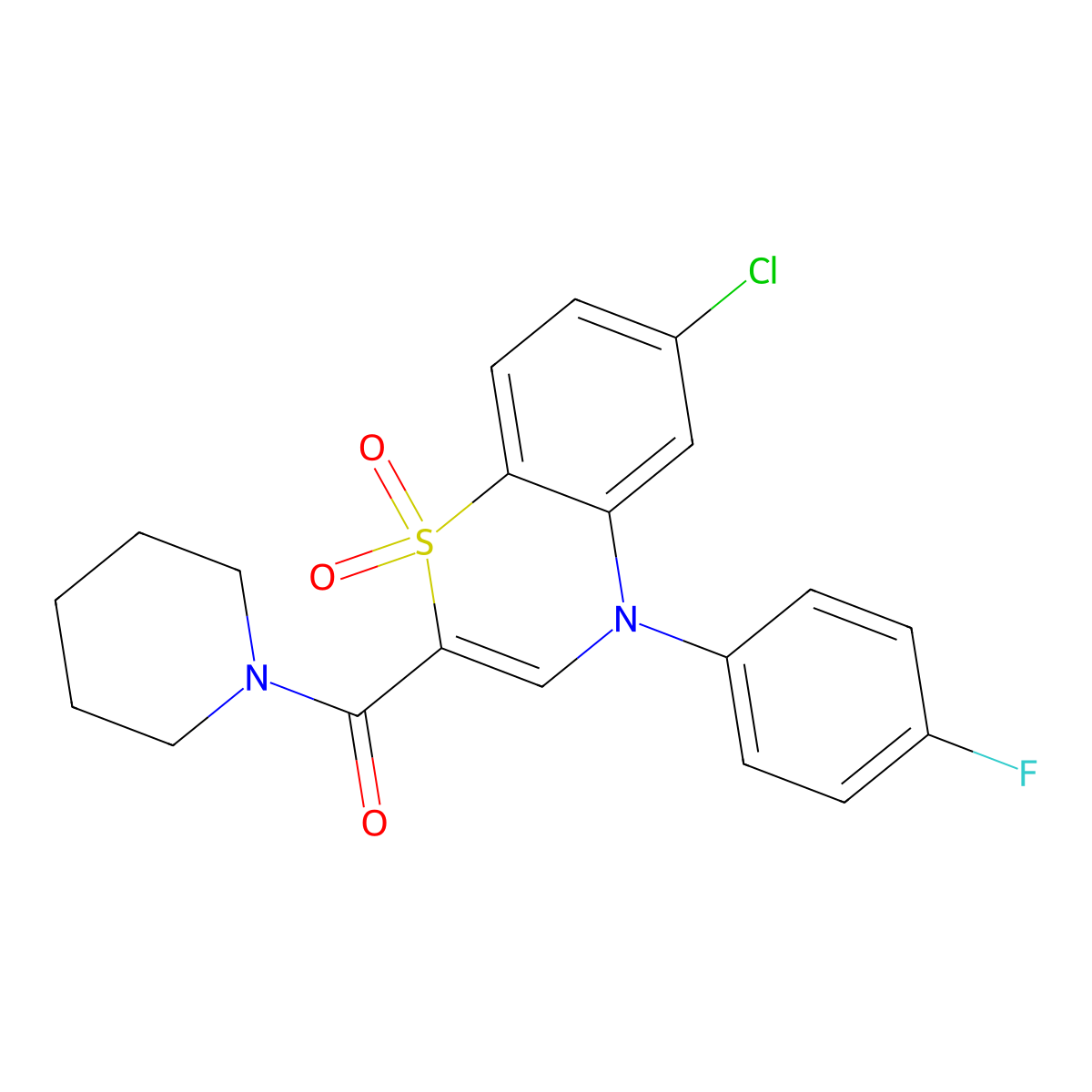 [6-chloro-4-(4-fluorophenyl)-1,1-dioxido-4H-1,4-benzothiazin-2-yl](piperidin-1-yl)methanone molecular structure, CAS 1251614-44-4