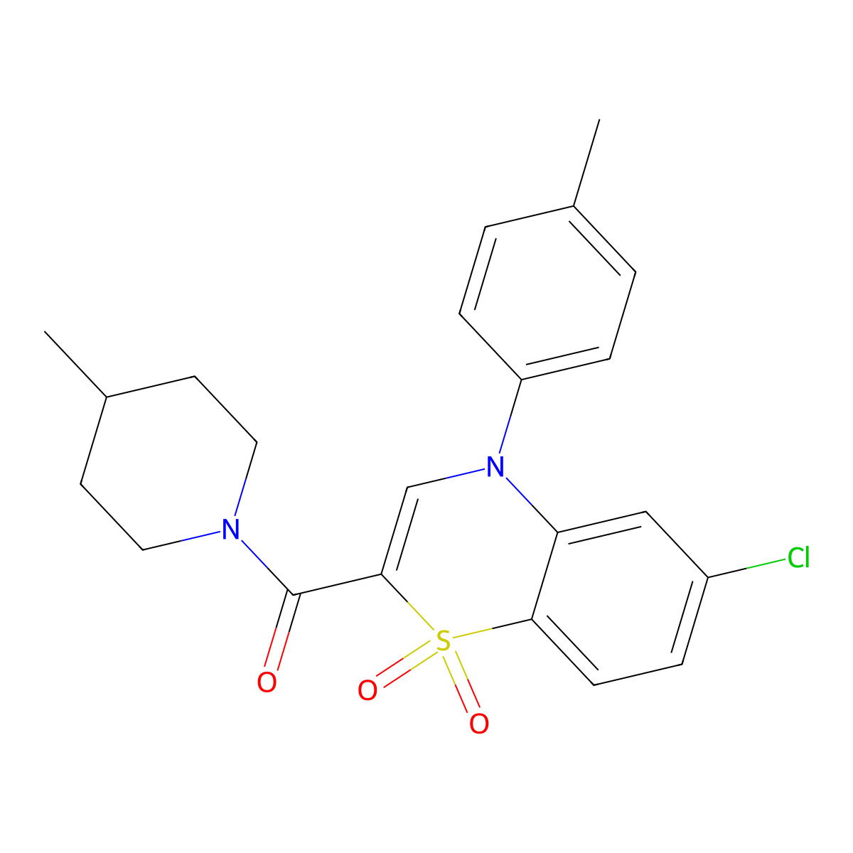 (6-chloro-1,1-dioxido-4-(p-tolyl)-4H-benzo[b][1,4]thiazin-2-yl)(4-methylpiperidin-1-yl)methanone molecular structure, CAS 1251614-49-9