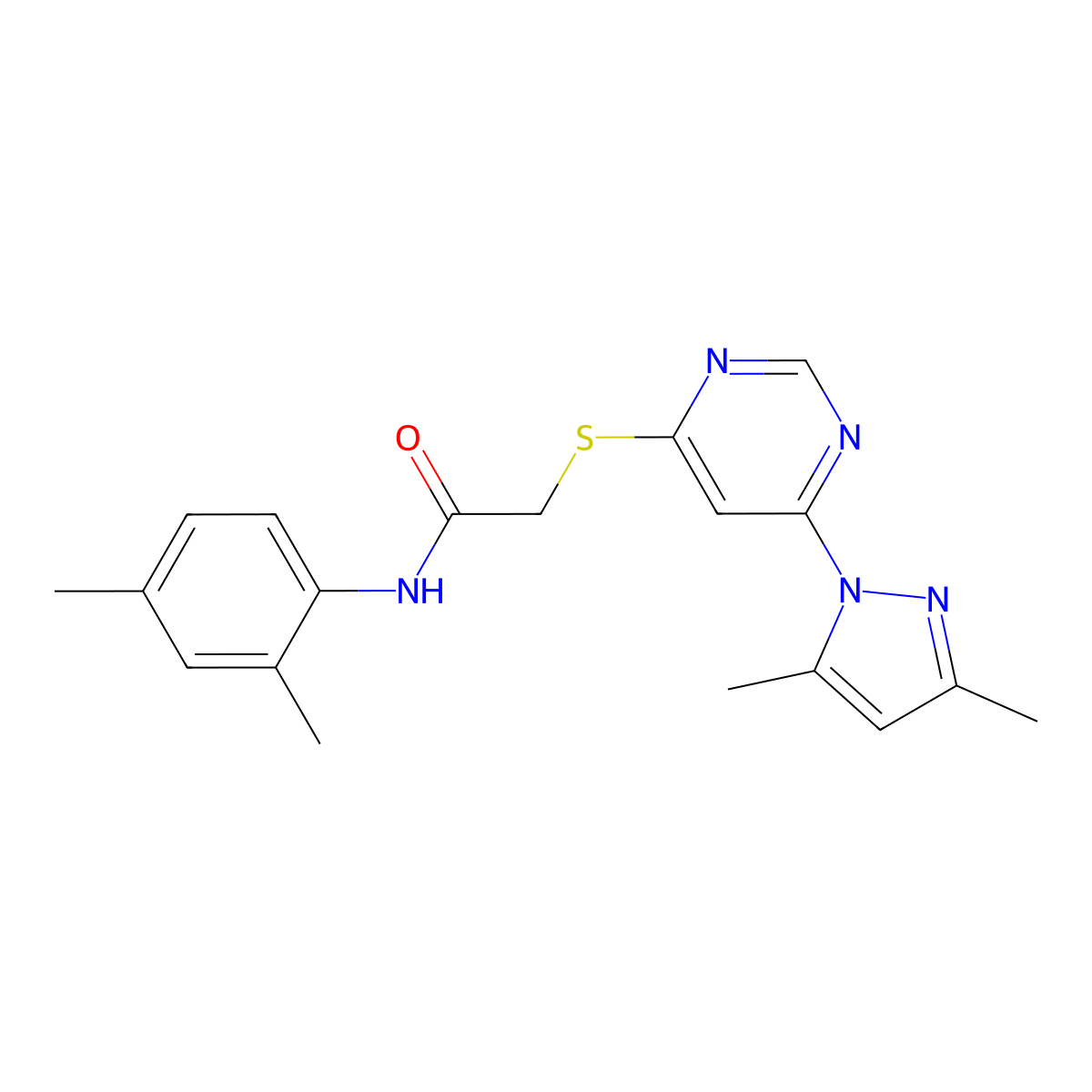 2-((6-(3,5-dimethyl-1H-pyrazol-1-yl)pyrimidin-4-yl)thio)-N-(2,4-dimethylphenyl)acetamide molecular structure, CAS 1251614-58-0