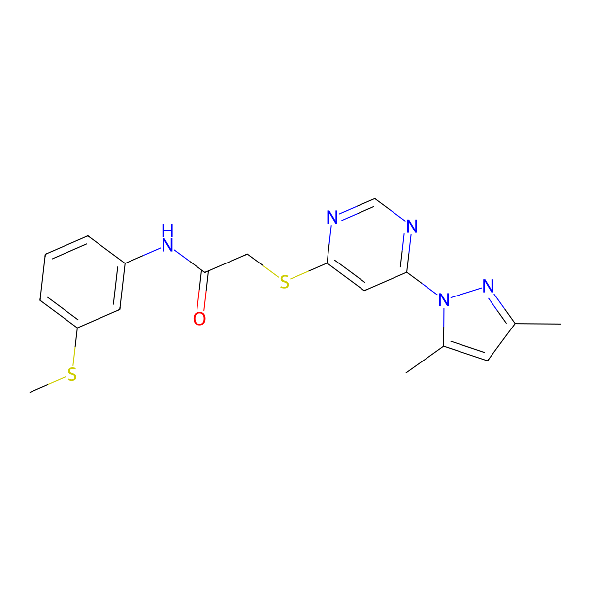 2-((6-(3,5-dimethyl-1H-pyrazol-1-yl)pyrimidin-4-yl)thio)-N-(3-(methylthio)phenyl)acetamide molecular structure, CAS 1251614-62-6