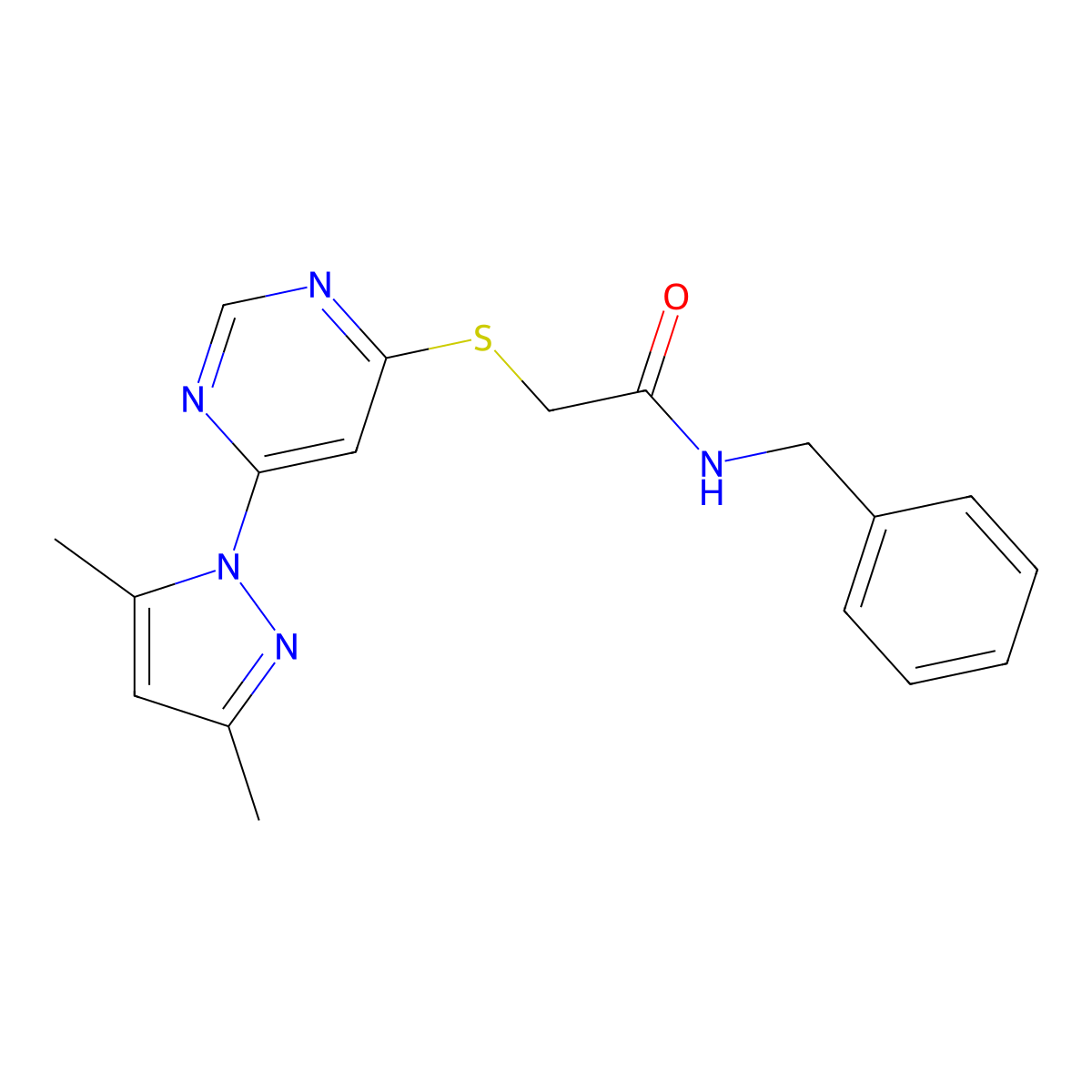 N-benzyl-2-((6-(3,5-dimethyl-1H-pyrazol-1-yl)pyrimidin-4-yl)thio)acetamide molecular structure, CAS 1251614-71-7
