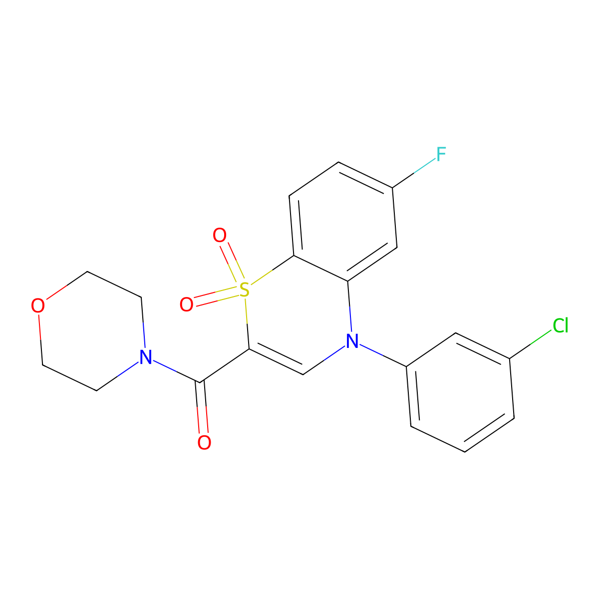 (4-(3-chlorophenyl)-6-fluoro-1,1-dioxido-4H-benzo[b][1,4]thiazin-2-yl)(morpholino)methanone molecular structure, CAS 1251614-80-8