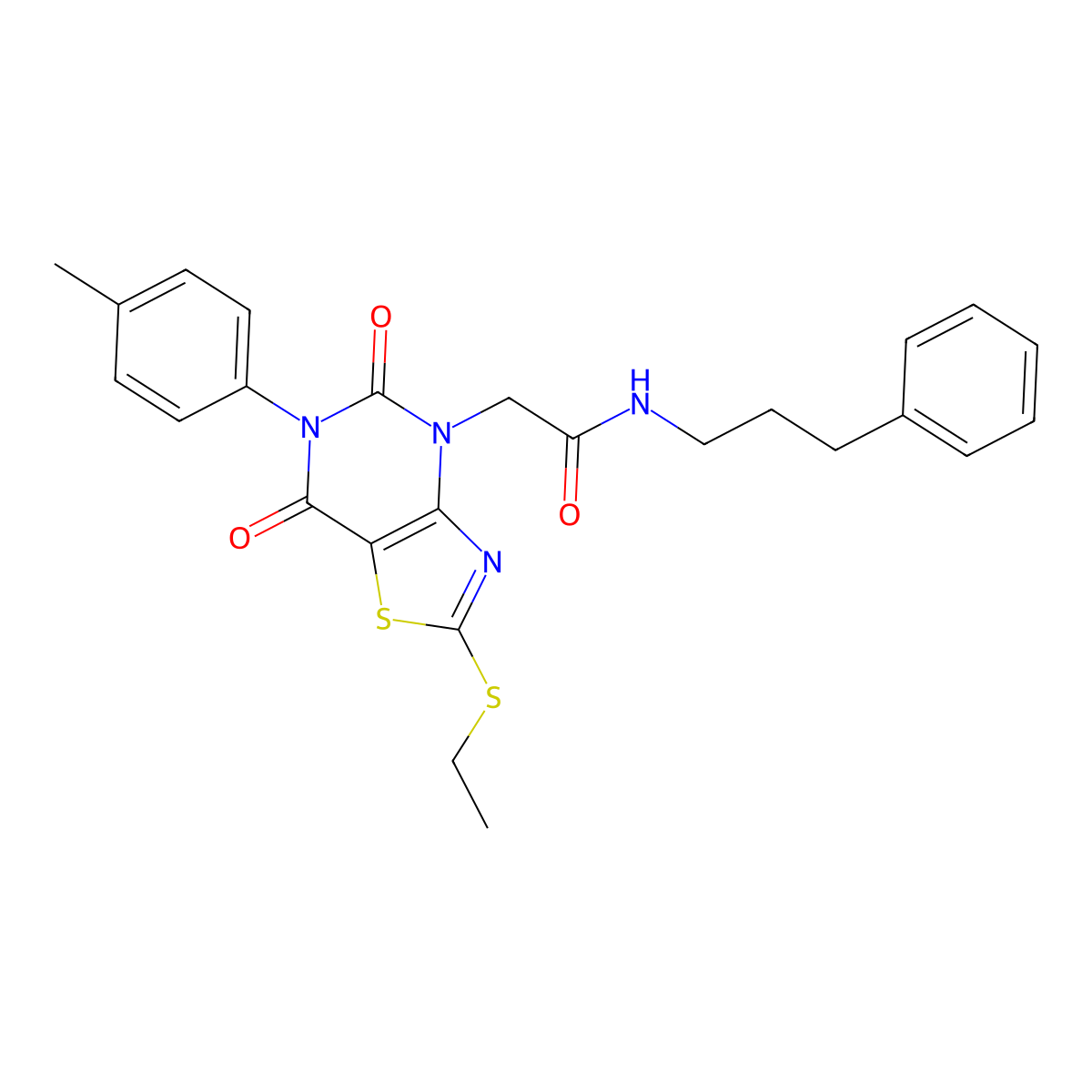 2-[2-(ethylsulfanyl)-6-(4-methylphenyl)-5,7-dioxo-4H,5H,6H,7H-[1,3]thiazolo[4,5-d]pyrimidin-4-yl]-N-(3-phenylpropyl)acetamide molecular structure, CAS 1251614-92-2