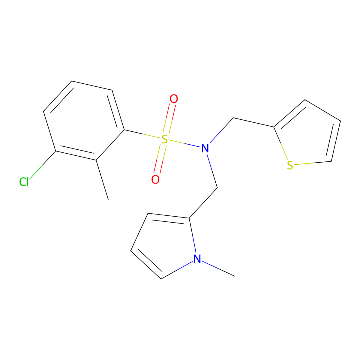 3-chloro-2-methyl-N-[(1-methyl-1H-pyrrol-2-yl)methyl]-N-[(thiophen-2-yl)methyl]benzene-1-sulfonamide molecular structure, CAS 1251614-95-5
