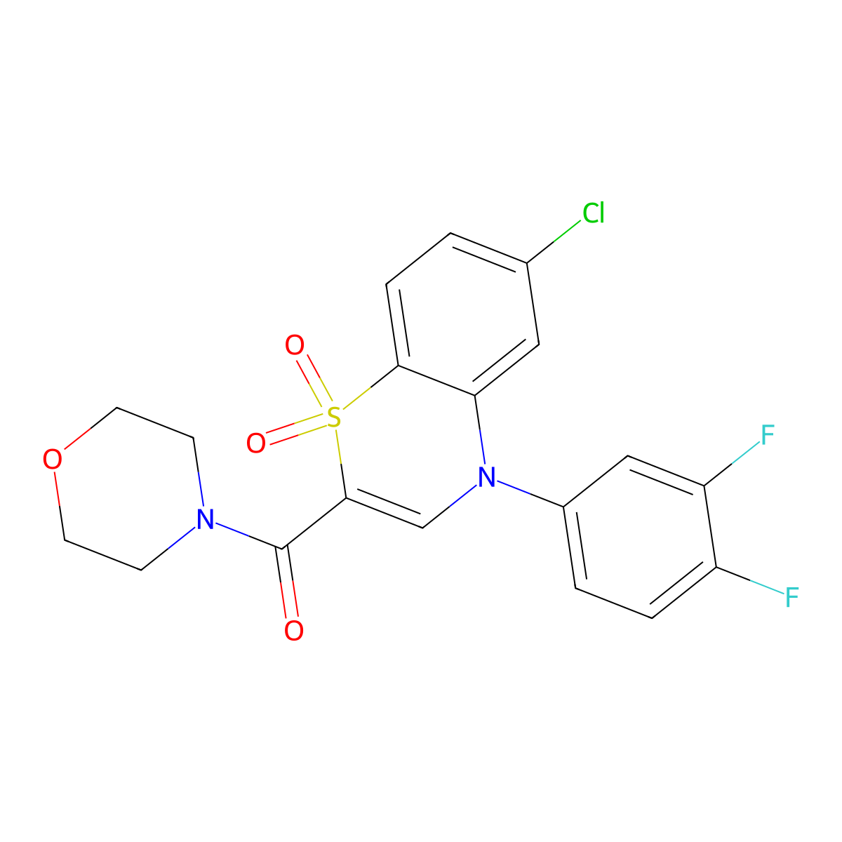 (6-chloro-4-(3,4-difluorophenyl)-1,1-dioxido-4H-benzo[b][1,4]thiazin-2-yl)(morpholino)methanone molecular structure, CAS 1251614-97-7
