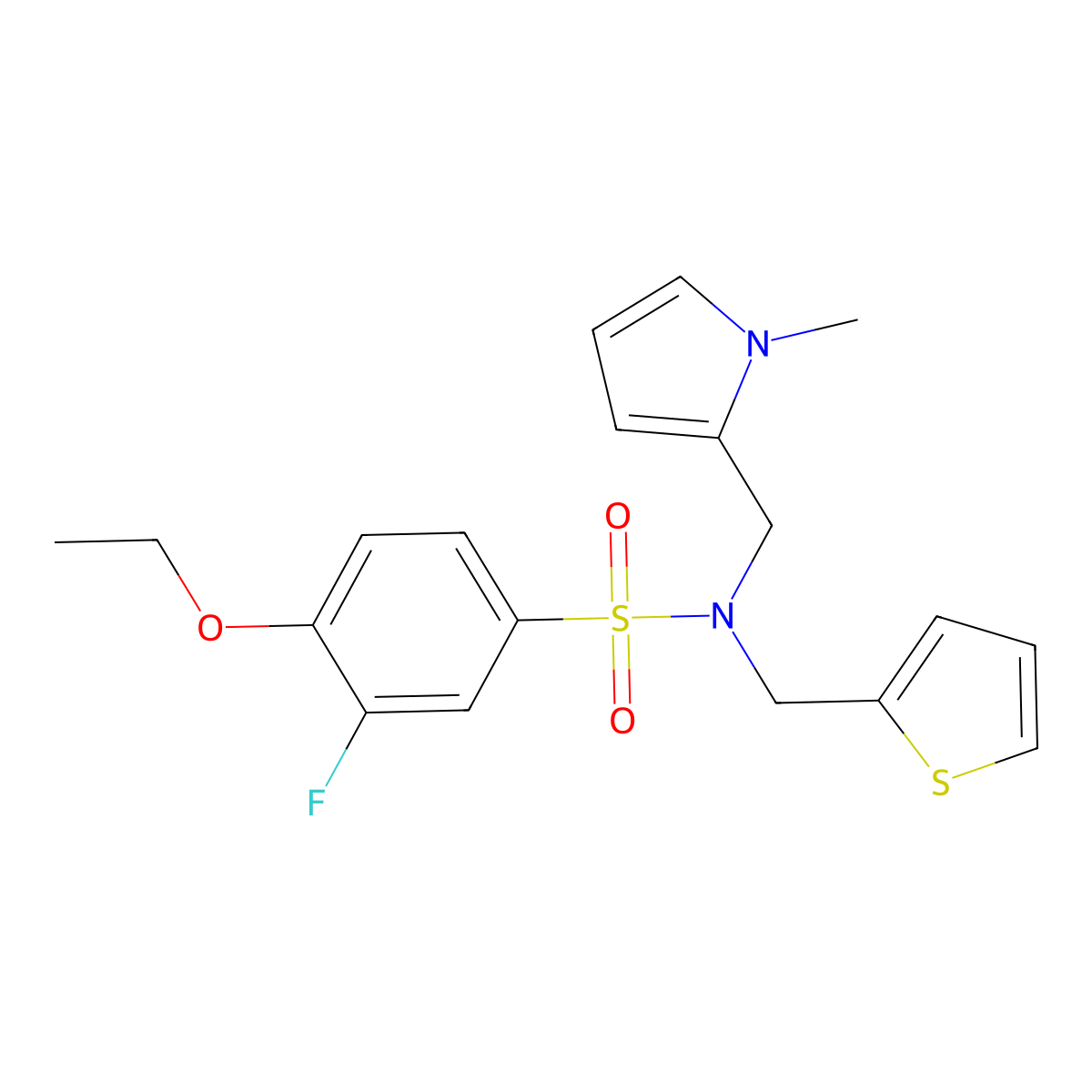 4-ethoxy-3-fluoro-N-((1-methyl-1H-pyrrol-2-yl)methyl)-N-(thiophen-2-ylmethyl)benzenesulfonamide molecular structure, CAS 1251615-00-5