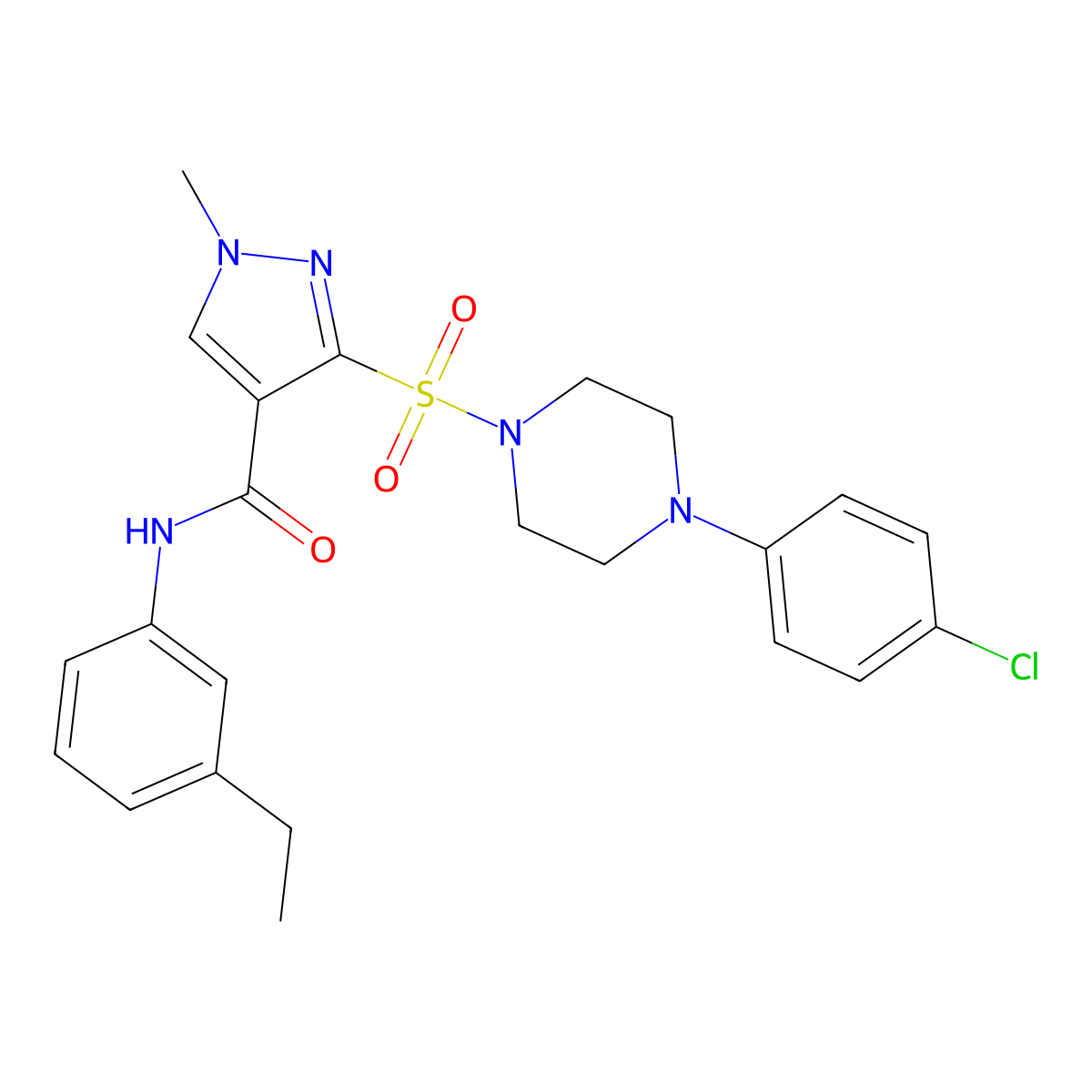 3-{[4-(4-chlorophenyl)piperazin-1-yl]sulfonyl}-N-(3-ethylphenyl)-1-methyl-1H-pyrazole-4-carboxamide molecular structure, CAS 1251615-05-0