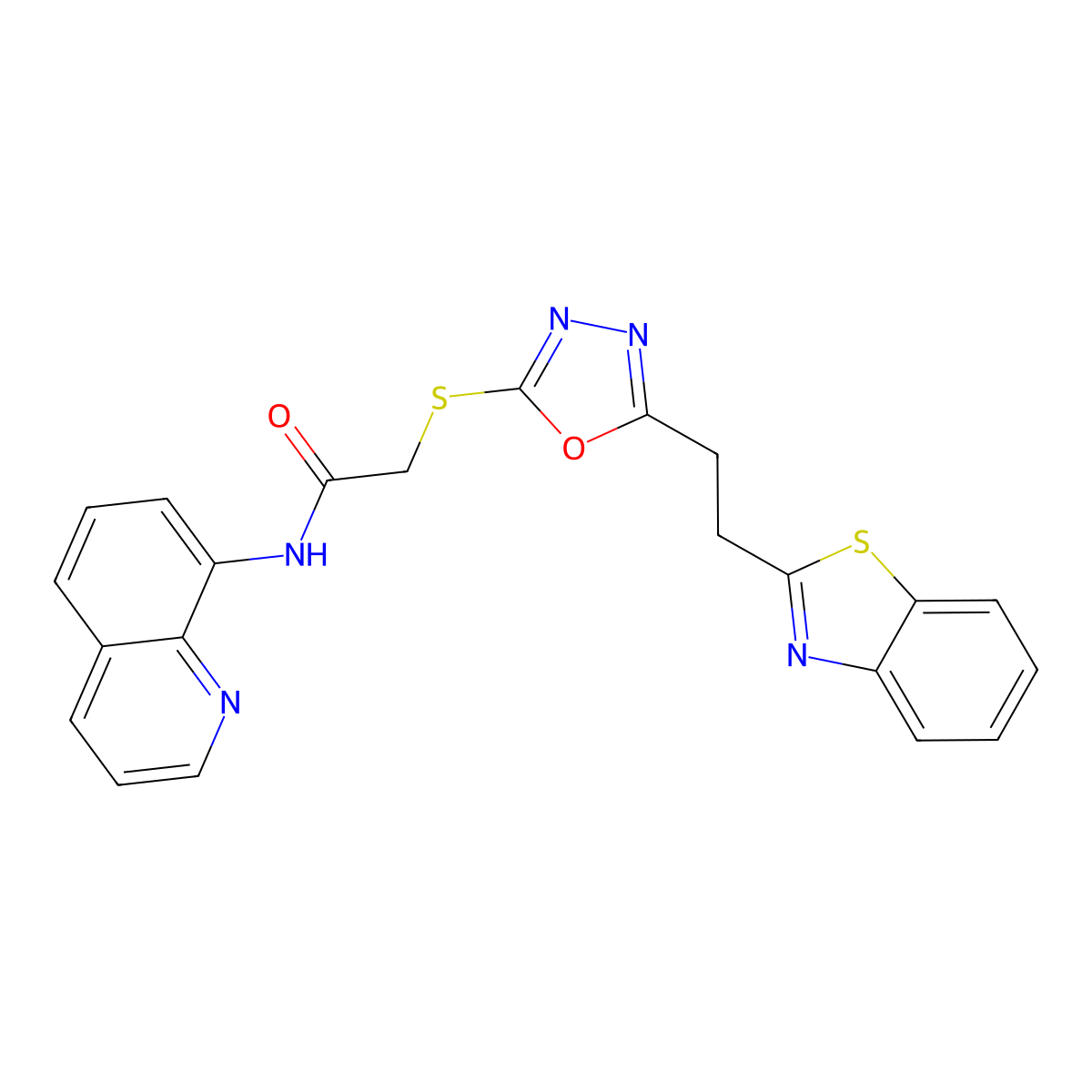 2-((5-(2-(benzo[d]thiazol-2-yl)ethyl)-1,3,4-oxadiazol-2-yl)thio)-N-(quinolin-8-yl)acetamide molecular structure, CAS 1251615-09-4
