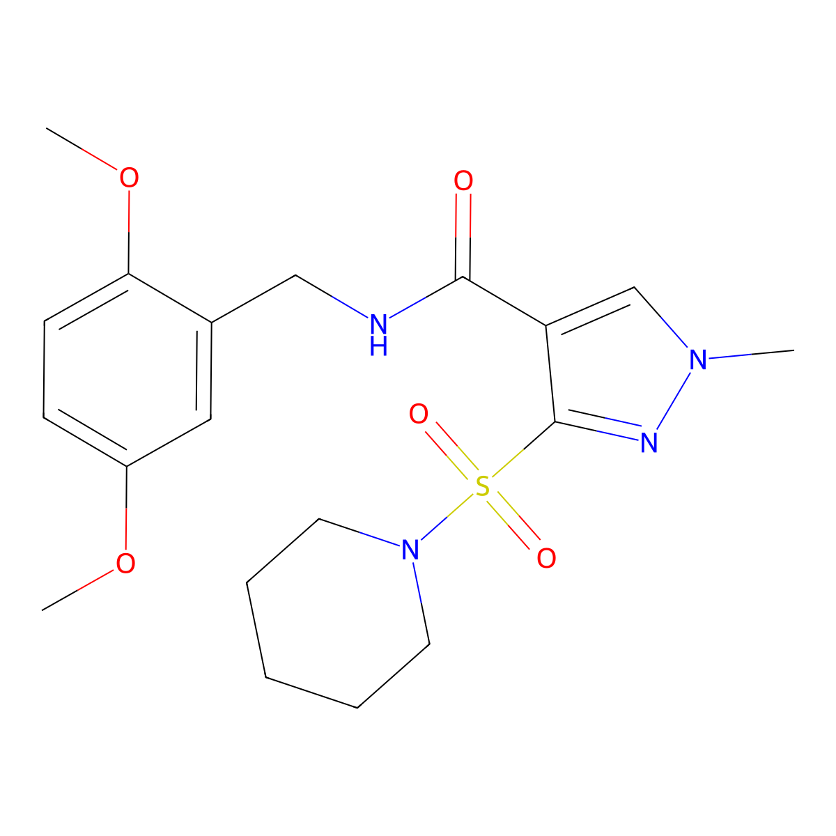 N-(2,5-dimethoxybenzyl)-1-methyl-3-(piperidin-1-ylsulfonyl)-1H-pyrazole-4-carboxamide molecular structure, CAS 1251615-16-3
