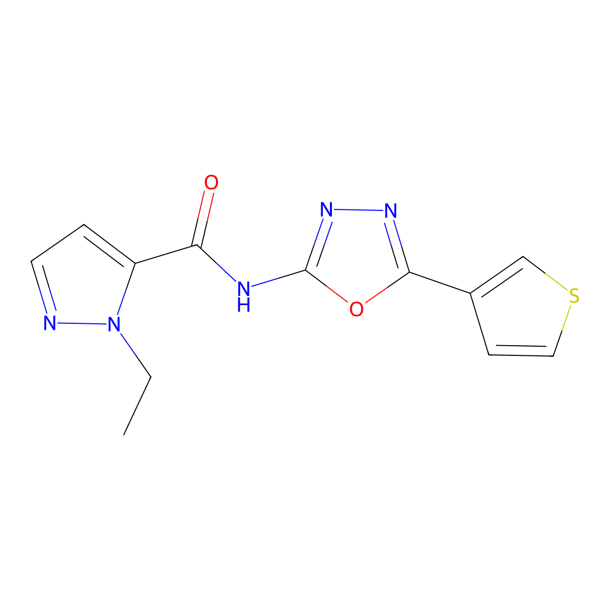 1-ethyl-N-(5-(thiophen-3-yl)-1,3,4-oxadiazol-2-yl)-1H-pyrazole-5-carboxamide molecular structure, CAS 1251615-17-4
