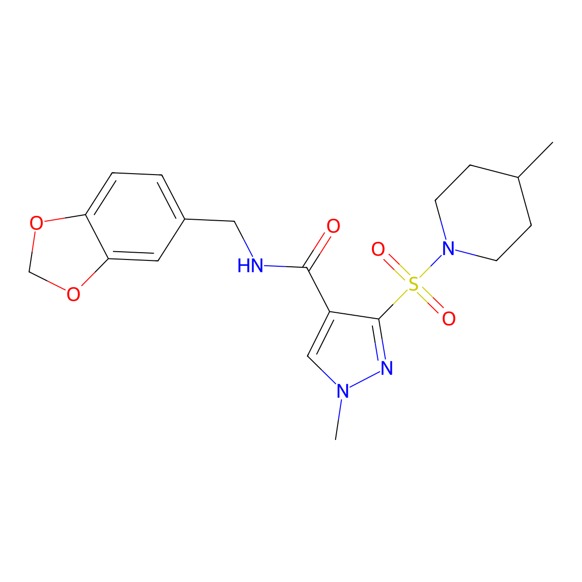 N-[(2H-1,3-benzodioxol-5-yl)methyl]-1-methyl-3-[(4-methylpiperidin-1-yl)sulfonyl]-1H-pyrazole-4-carboxamide molecular structure, CAS 1251615-20-9
