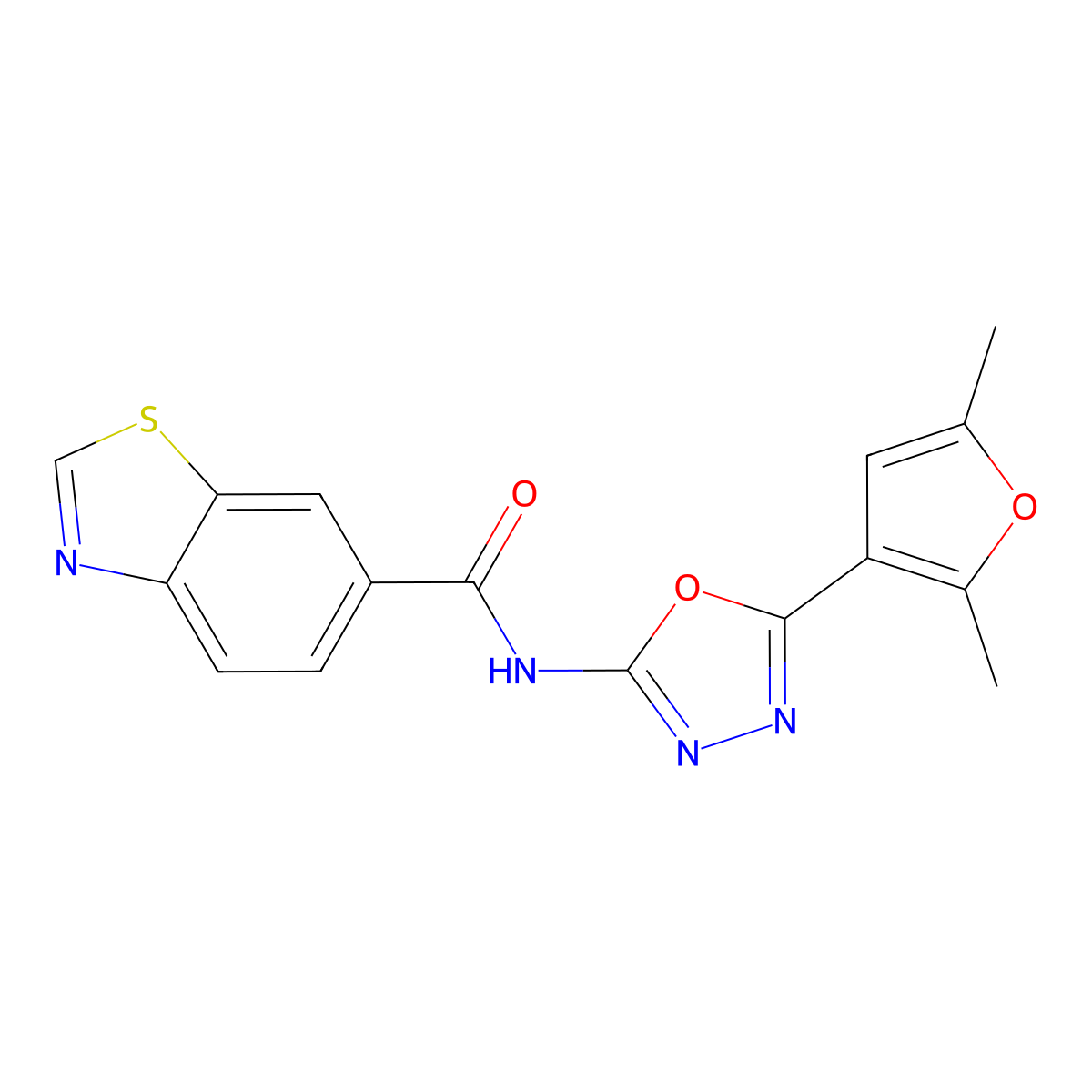 N-(5-(2,5-dimethylfuran-3-yl)-1,3,4-oxadiazol-2-yl)benzo[d]thiazole-6-carboxamide molecular structure, CAS 1251615-21-0