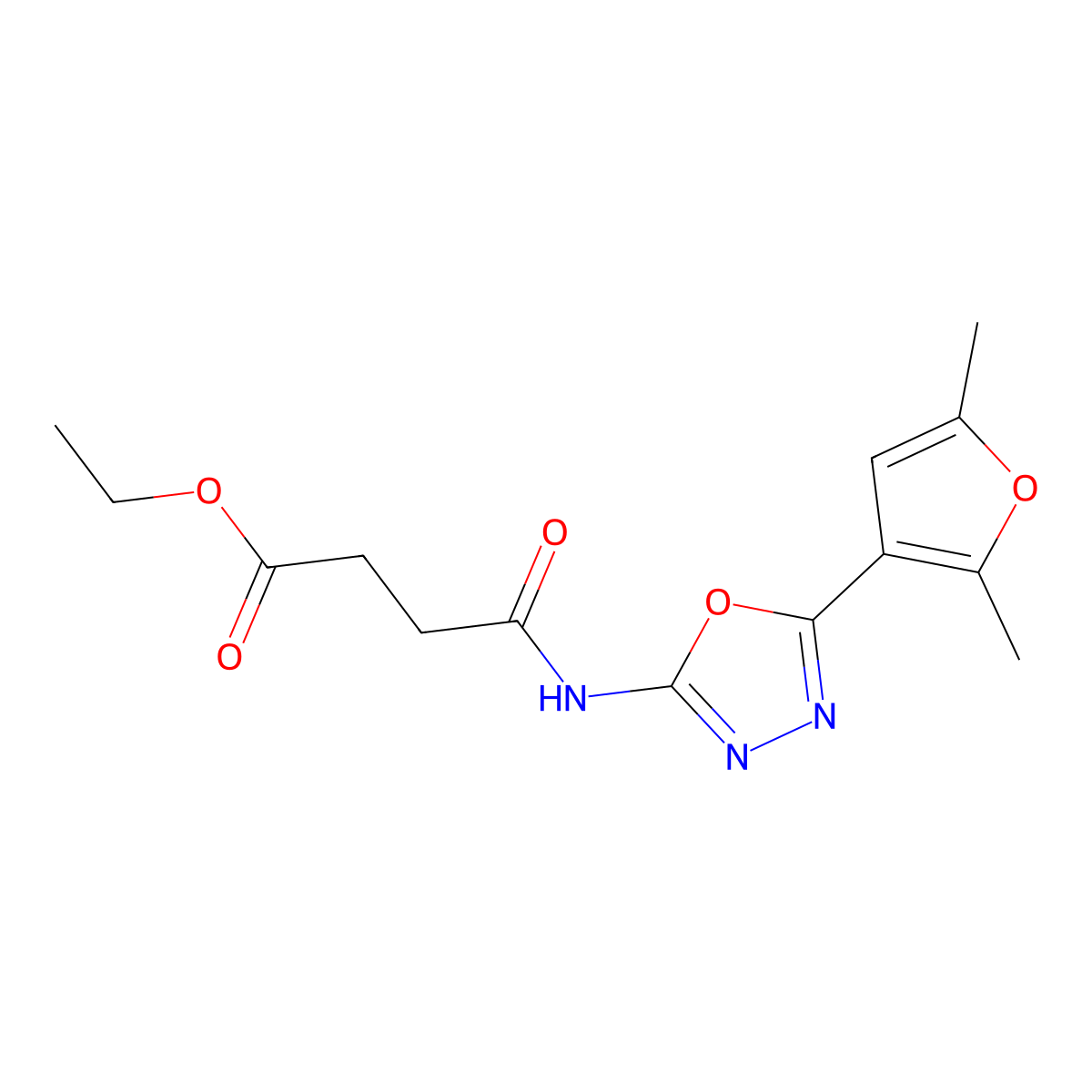Ethyl 4-((5-(2,5-dimethylfuran-3-yl)-1,3,4-oxadiazol-2-yl)amino)-4-oxobutanoate molecular structure, CAS 1251615-25-4