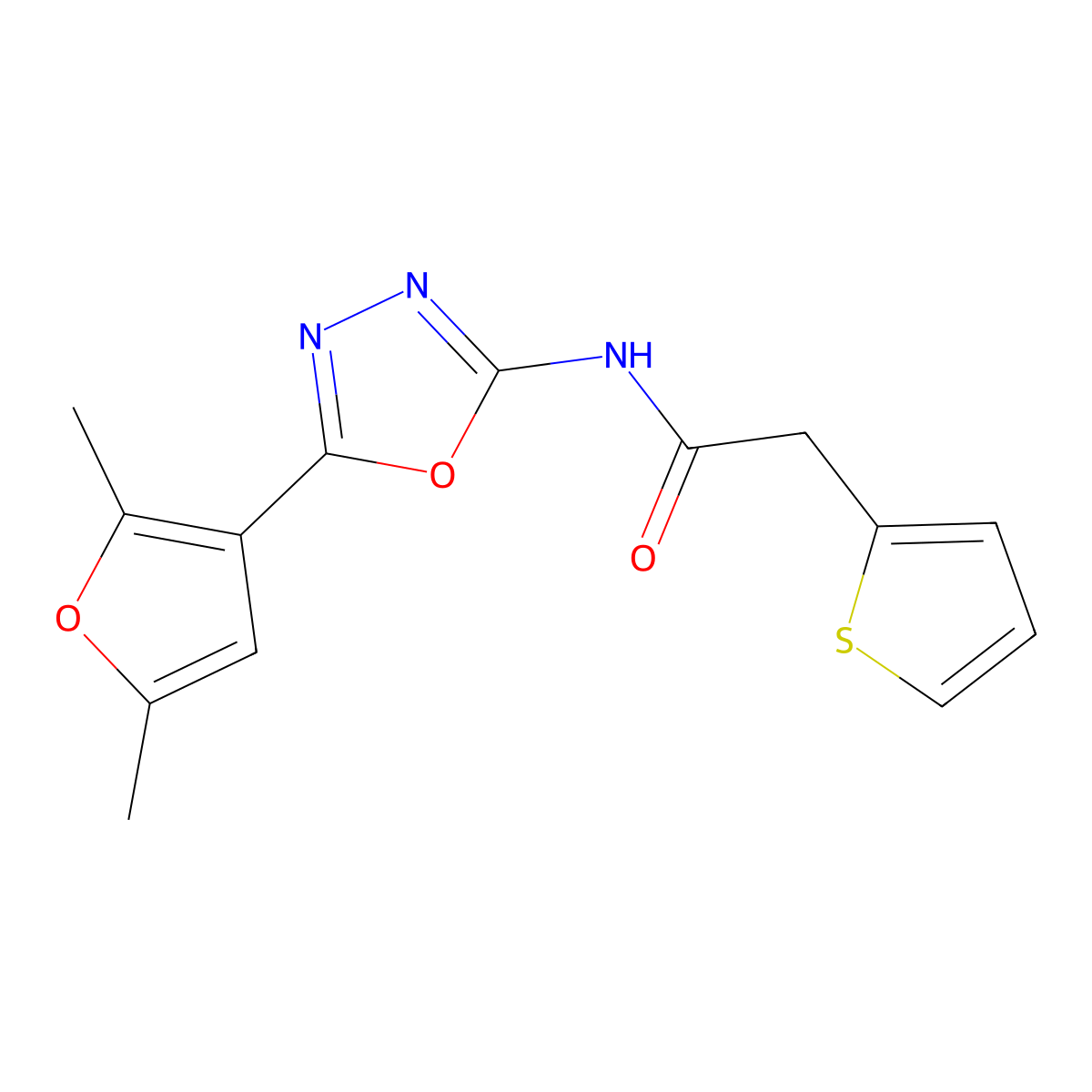 N-(5-(2,5-dimethylfuran-3-yl)-1,3,4-oxadiazol-2-yl)-2-(thiophen-2-yl)acetamide molecular structure, CAS 1251615-28-7