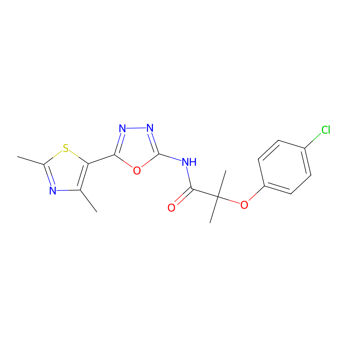 2-(4-chlorophenoxy)-N-(5-(2,4-dimethylthiazol-5-yl)-1,3,4-oxadiazol-2-yl)-2-methylpropanamide molecular structure, CAS 1251615-32-3