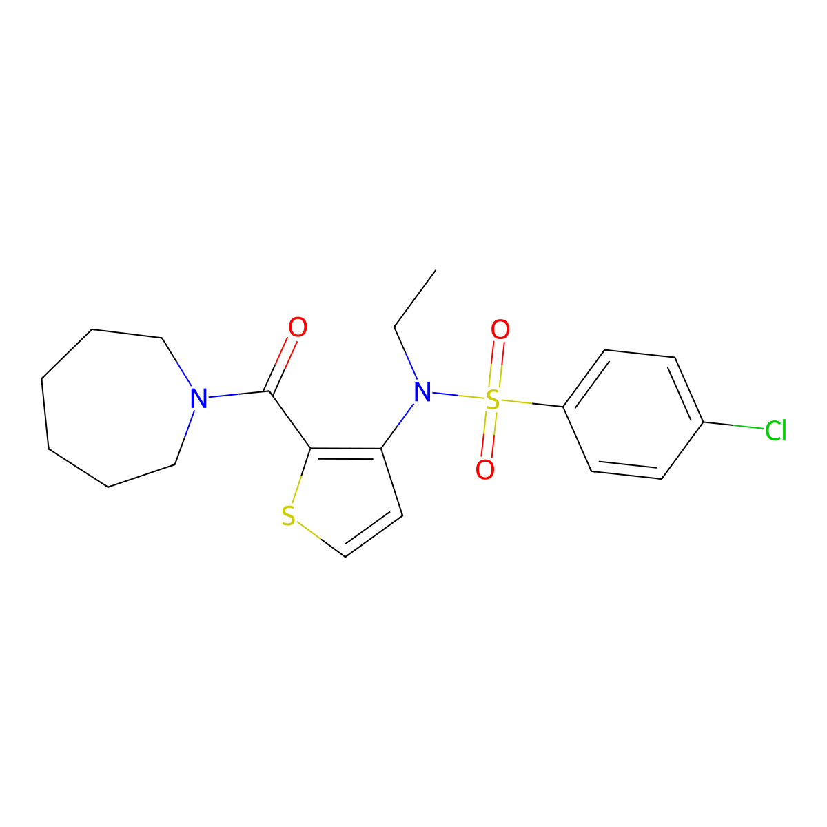 N-(2-(azepane-1-carbonyl)thiophen-3-yl)-4-chloro-N-ethylbenzenesulfonamide molecular structure, CAS 1251615-36-7