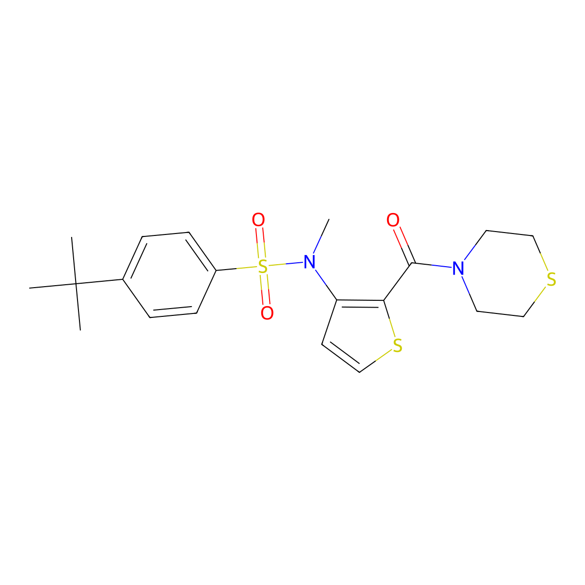 4-(tert-butyl)-N-methyl-N-(2-(thiomorpholine-4-carbonyl)thiophen-3-yl)benzenesulfonamide molecular structure, CAS 1251615-39-0