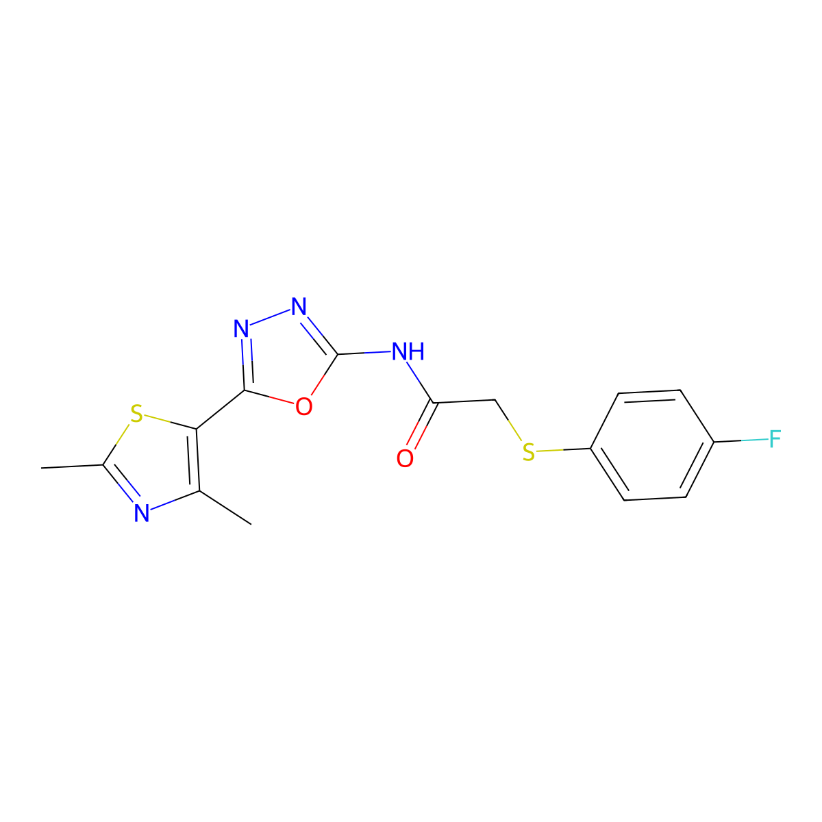 N-(5-(2,4-dimethylthiazol-5-yl)-1,3,4-oxadiazol-2-yl)-2-((4-fluorophenyl)thio)acetamide molecular structure, CAS 1251615-43-6
