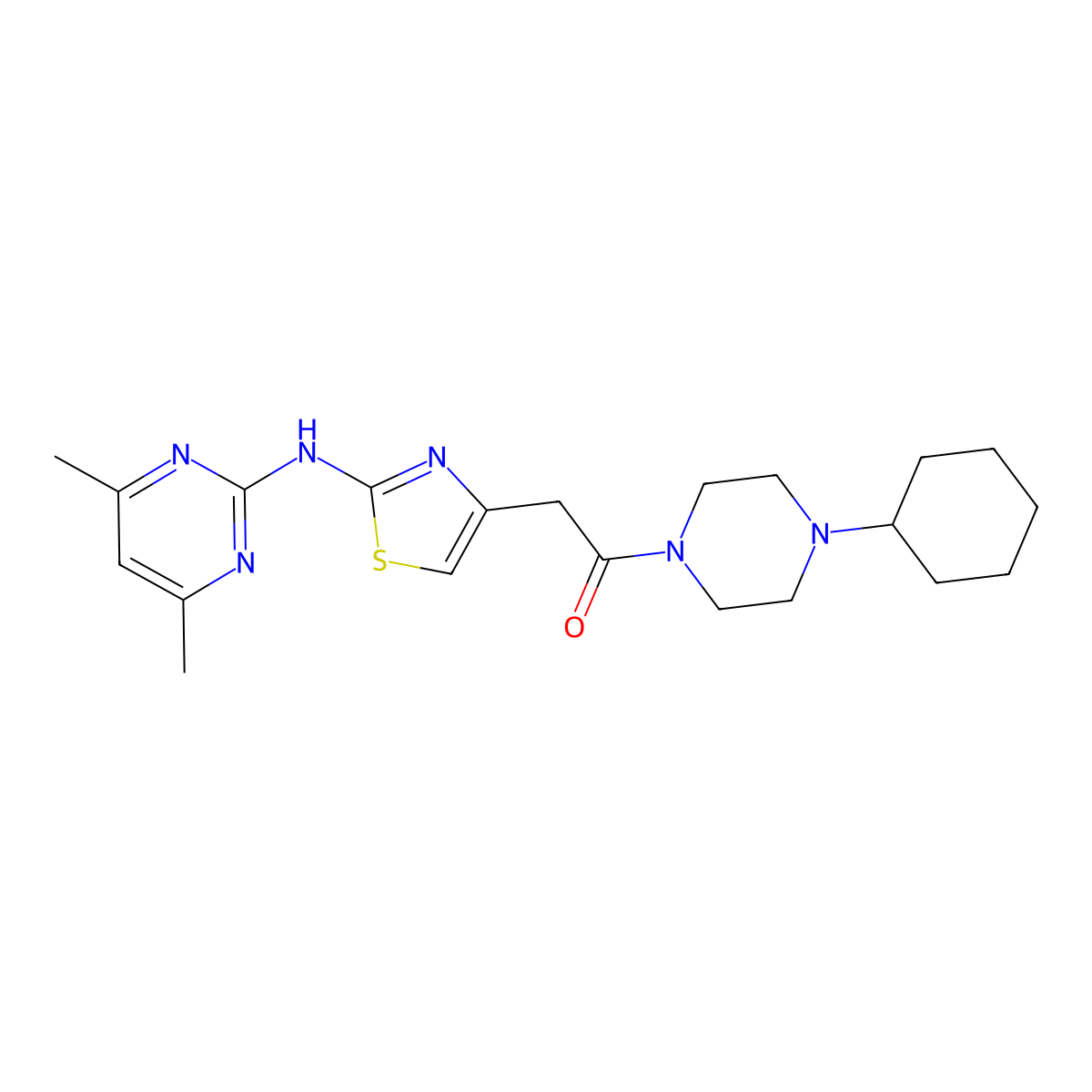 1-(4-Cyclohexylpiperazin-1-yl)-2-(2-((4,6-dimethylpyrimidin-2-yl)amino)thiazol-4-yl)ethanone molecular structure, CAS 1251615-55-0