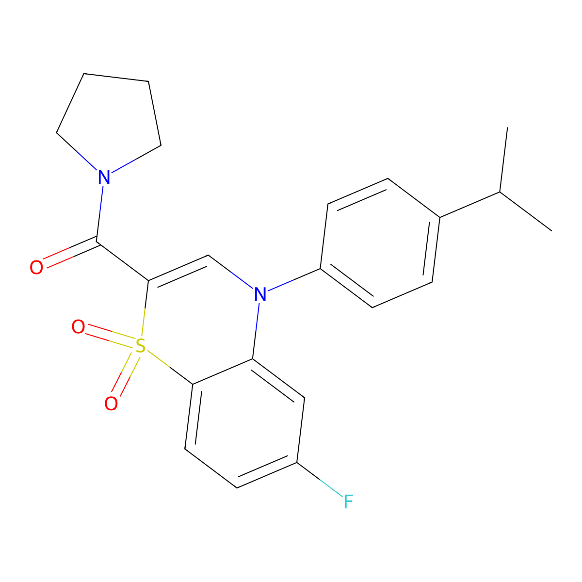(6-fluoro-4-(4-isopropylphenyl)-1,1-dioxido-4H-benzo[b][1,4]thiazin-2-yl)(pyrrolidin-1-yl)methanone molecular structure, CAS 1251615-66-3