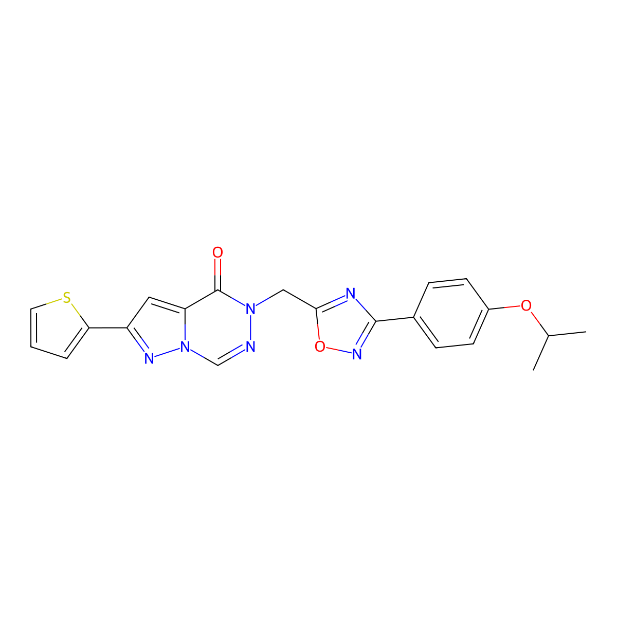 5-({3-[4-(propan-2-yloxy)phenyl]-1,2,4-oxadiazol-5-yl}methyl)-2-(thiophen-2-yl)-4H,5H-pyrazolo[1,5-d][1,2,4]triazin-4-one molecular structure, CAS 1251615-97-0
