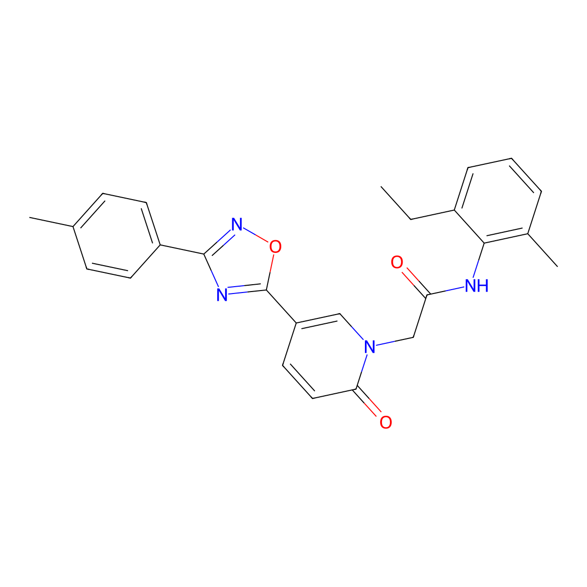 N-(2-ethyl-6-methylphenyl)-2-(2-oxo-5-(3-(p-tolyl)-1,2,4-oxadiazol-5-yl)pyridin-1(2H)-yl)acetamide molecular structure, CAS 1251616-14-4