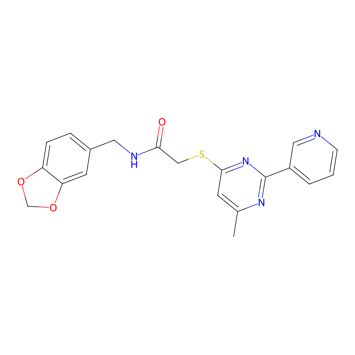 N-(benzo[d][1,3]dioxol-5-ylmethyl)-2-((6-methyl-2-(pyridin-3-yl)pyrimidin-4-yl)thio)acetamide molecular structure, CAS 1251616-28-0