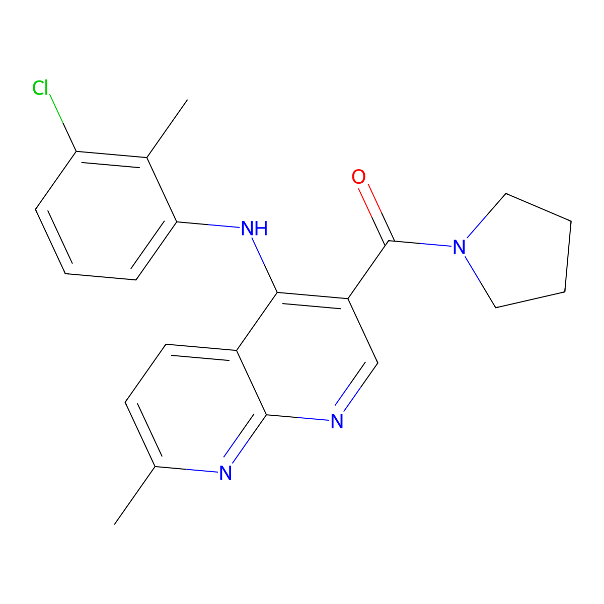 N-(3-chloro-2-methylphenyl)-7-methyl-3-(pyrrolidin-1-ylcarbonyl)-1,8-naphthyridin-4-amine molecular structure, CAS 1251616-47-3